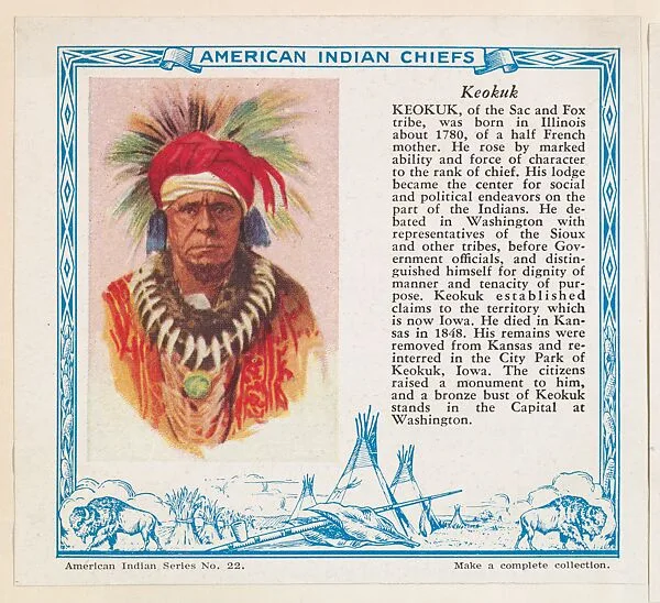 Koekuk, No. 22, collector card from the American Indian Series (D6), issued by the Kelley Baking Company to promote Kelley's Bread — Kelley Baking Company