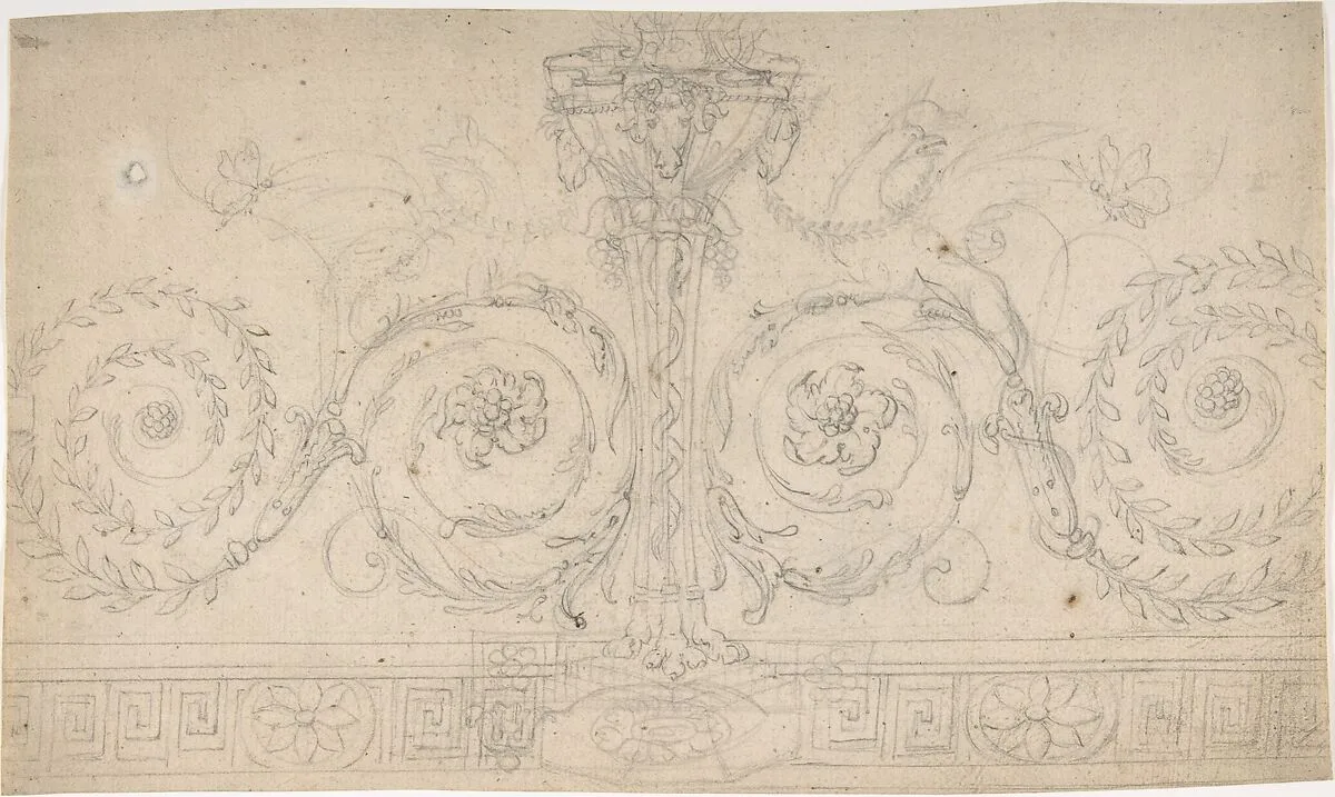 Ornament with Claw-footed Urn, Lynxes, Butterflies and Foliage above a Greek Meander — Anonymous, German, 19th century