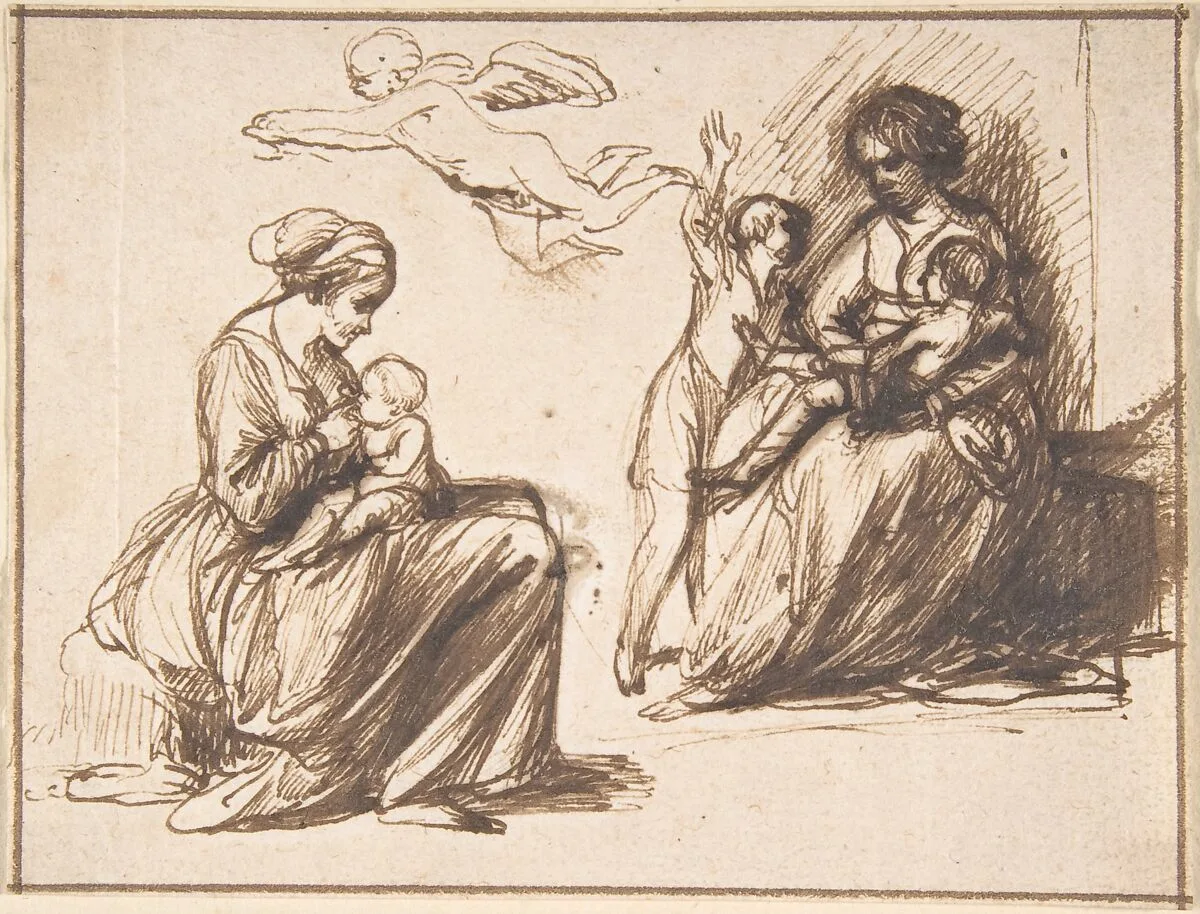 Study Sheet with Two Seated Children and an Angel — Hendrick Goudt