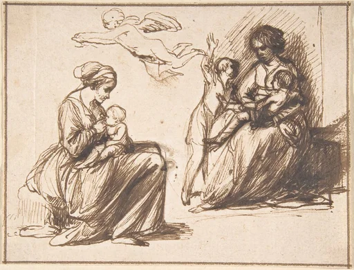 Study Sheet with Two Seated Children and an Angel