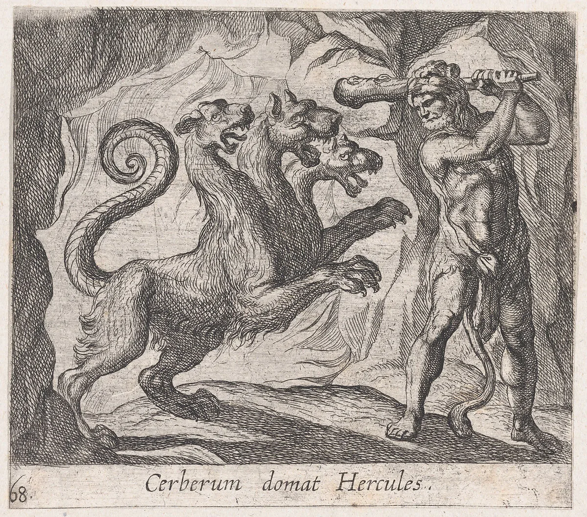 Plate 68: Hercules and Cerberus (Cerberum domat Hercules), from Ovid's 'Metamorphoses' — Antonio Tempesta