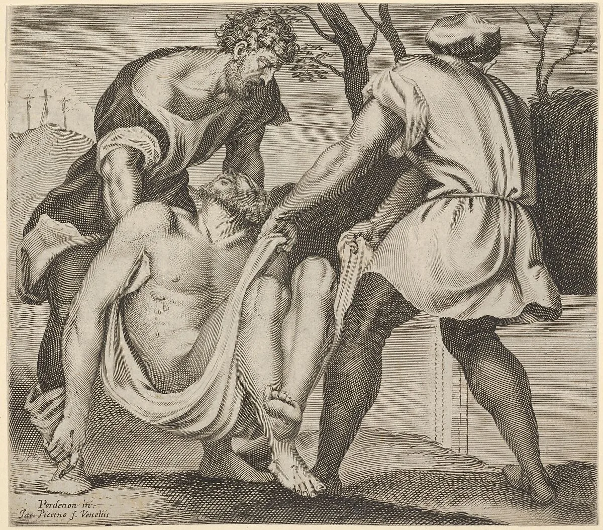 Entombment of Christ, two men lifting Christ into a tomb, with a shroud underneath the body, three crosses on Golgotha beyond, from a series of five engravings after the destroyed or detached frescoes of 1532/33 by Giovanni Antonio da Pordenone in the cloister of S.Stefano, Venice — Giacomo Piccini|Giovanni Antonio da Pordenone (Giovanni Antonio de Sacchis)