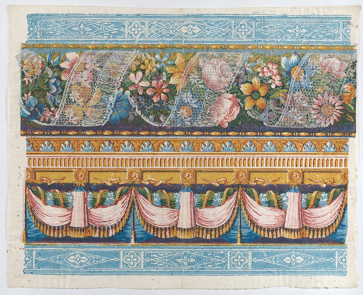 Sheet with lace atop a floral garland with drapery below — Remondini Family|Anonymous