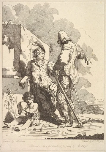 Two Soldiers and Child Holding a Helmet