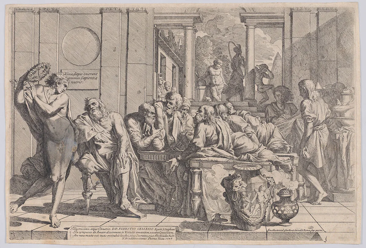 Plato's symposium: Socrates and his companions seated around a table discussing ideal love interruputed by Acibiades at left — Pietro Testa|Arnold van Westerhout