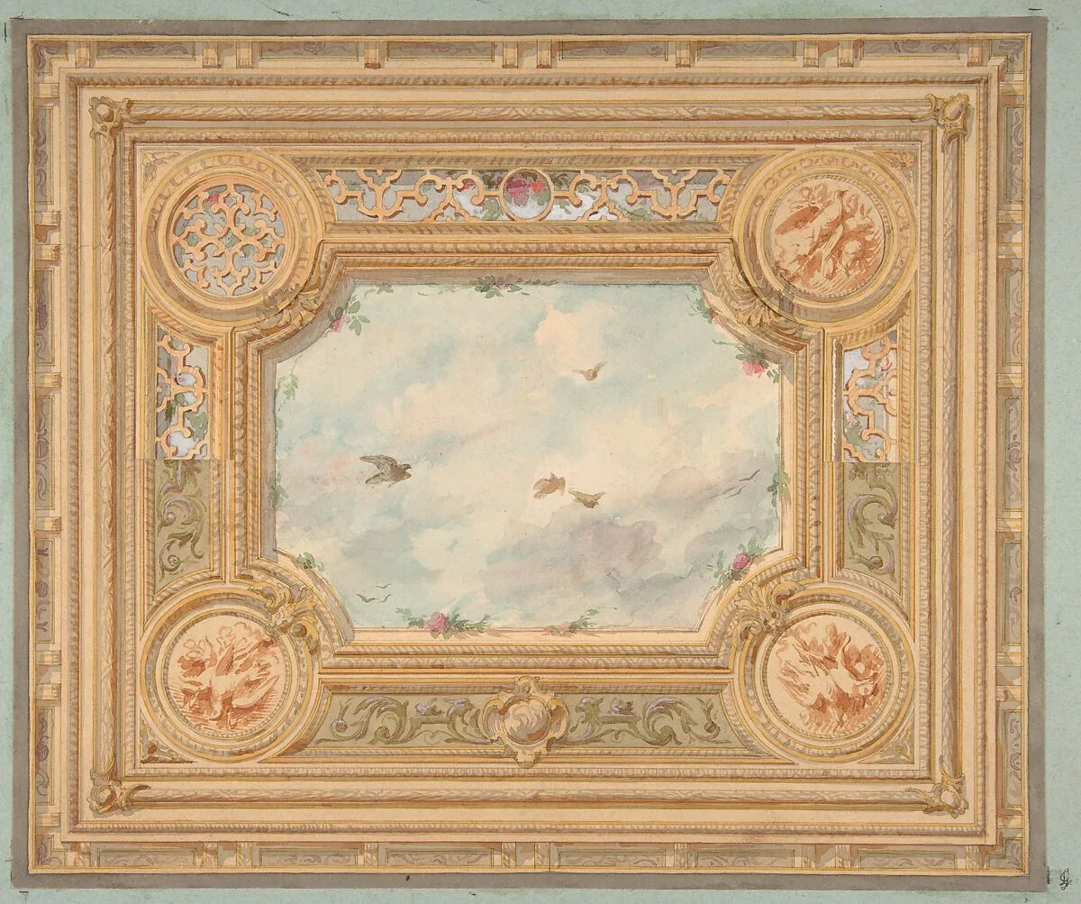 Design for a ceiling with four medallions and sky motif in center — Jules-Edmond-Charles Lachaise|Eugène-Pierre Gourdet