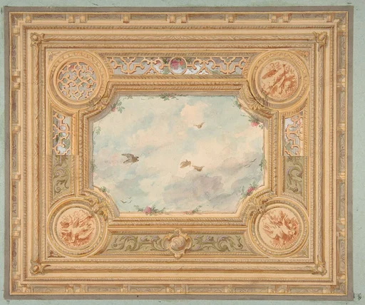 Design for a ceiling with four medallions and sky motif in center