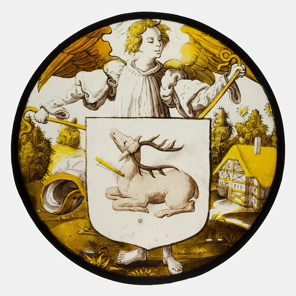 Roundel with Angel Supporting a Heraldic Shield — Unknown