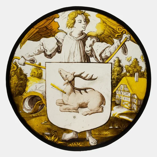 Roundel with Angel Supporting a Heraldic Shield