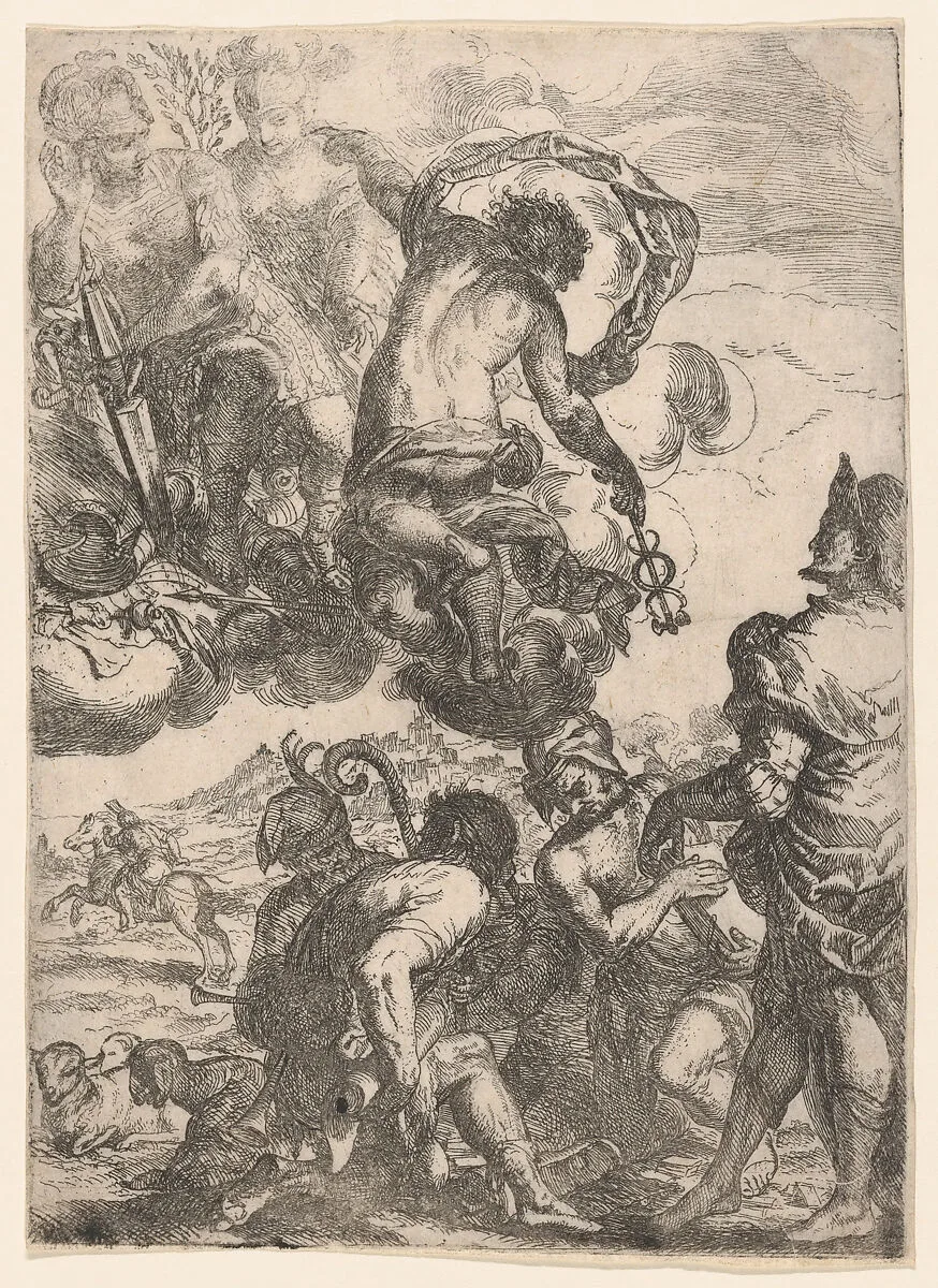Mercury (Hermes), Juno (?) Mars, and a group of figures below (shepherds, musicians) — Anonymous, Italian, 17th century