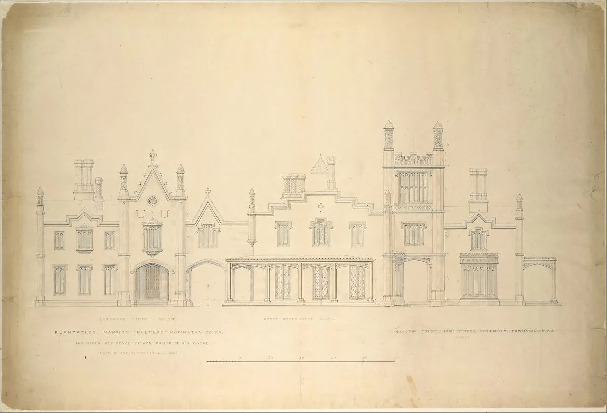 Belmead, Plantation Mansion for Philip St. George Cocke, Powhatan Co., Virginia (partial elevations of entrance facade, greenhouse facade and James River facade, shown as continuous) — Alexander Jackson Davis