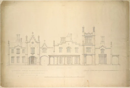 Belmead, Plantation Mansion for Philip St. George Cocke, Powhatan Co., Virginia (partial elevations of entrance facade, greenhouse facade and James River facade, shown as continuous)