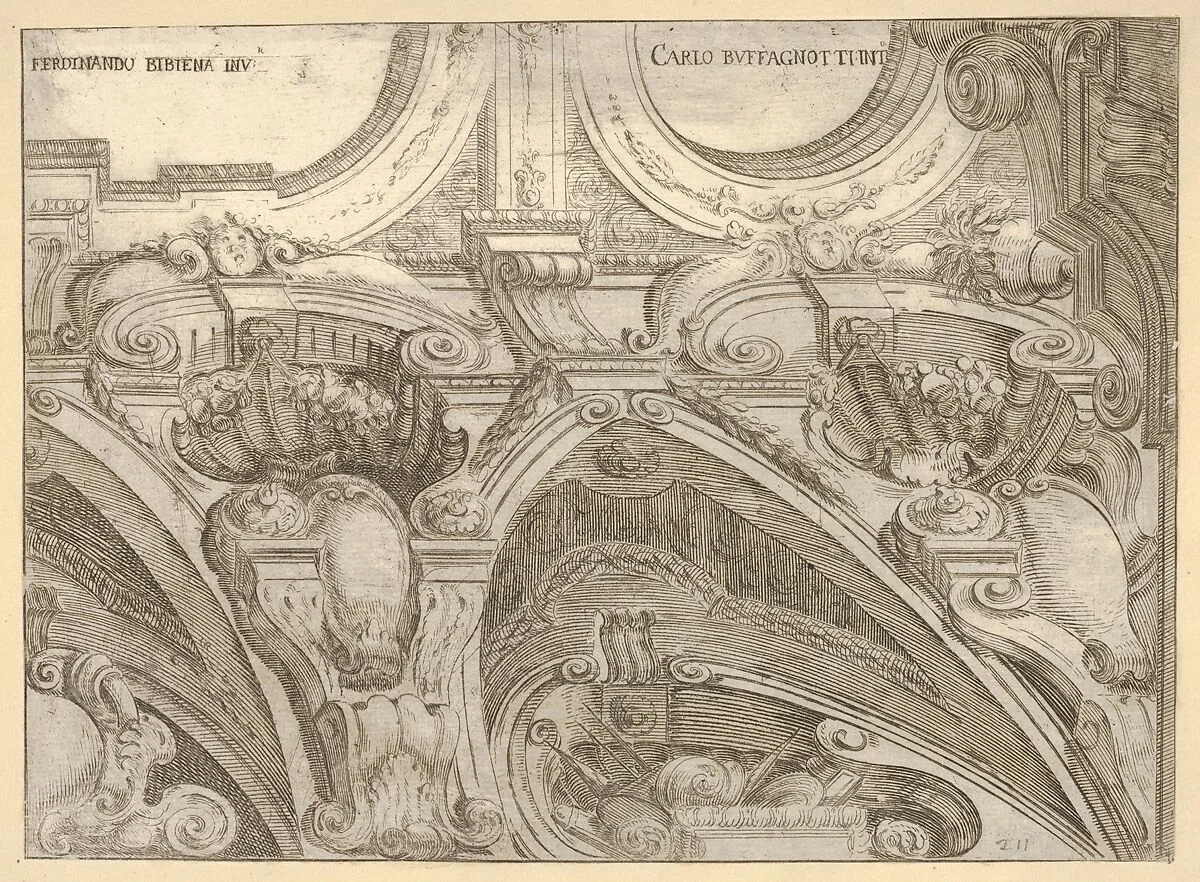 Architectural detail of an elaborate cornice, seen from below — Carlo Antonio Buffagnotti|Ferdinando Galli Bibiena
