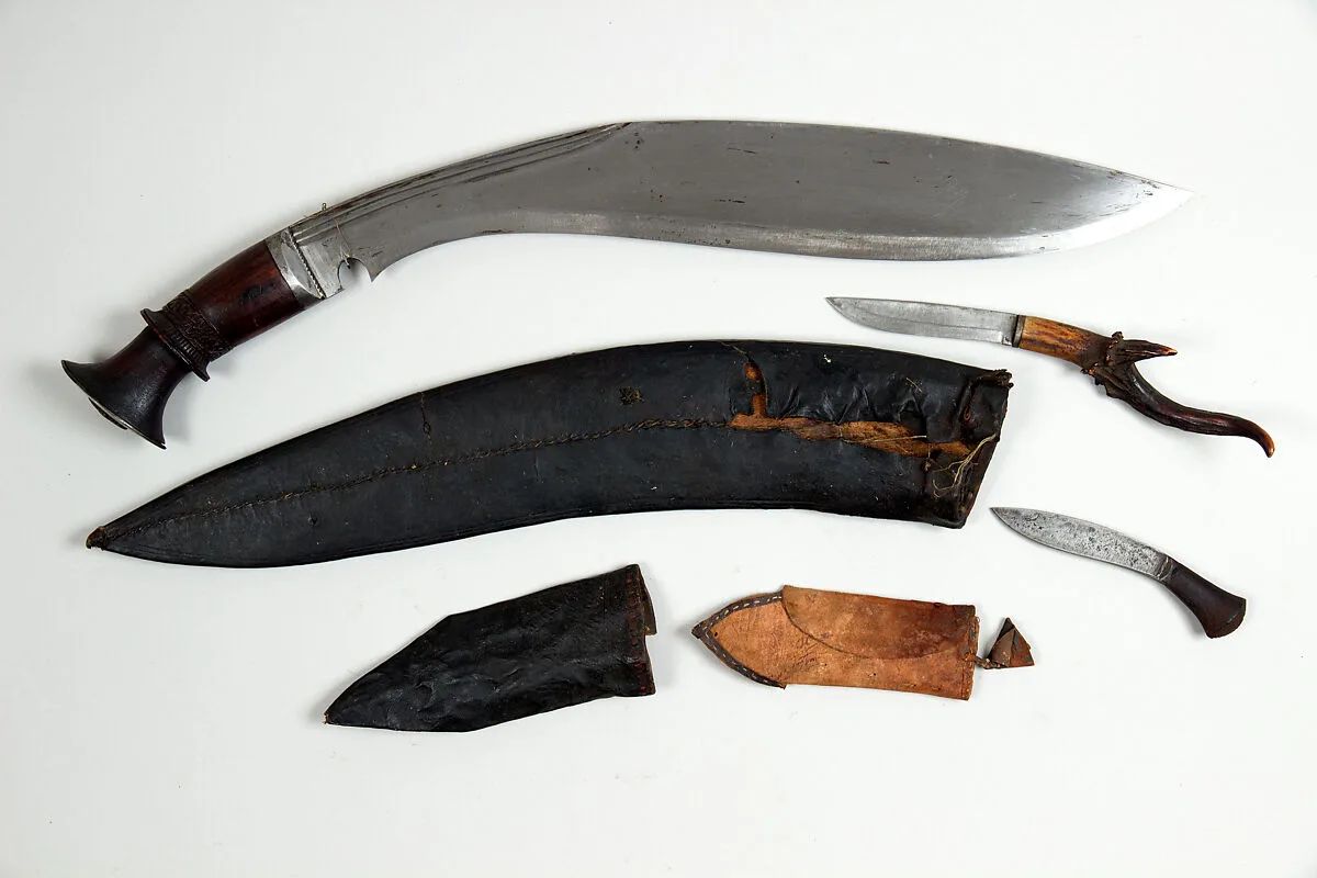 Knife (Kukri) with Sheath and Pouch with Two Small Knives — Unknown