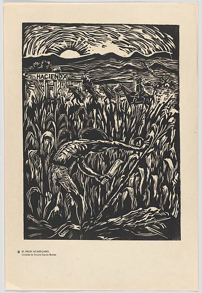 Plate 3: an indentured slave (peon acasillado) cutting maize, from the portfolio 'Estampas de la revolución Mexicana' (prints of the Mexican Revolution) — Taller de Gráfica Popular|Arturo García Bustos
