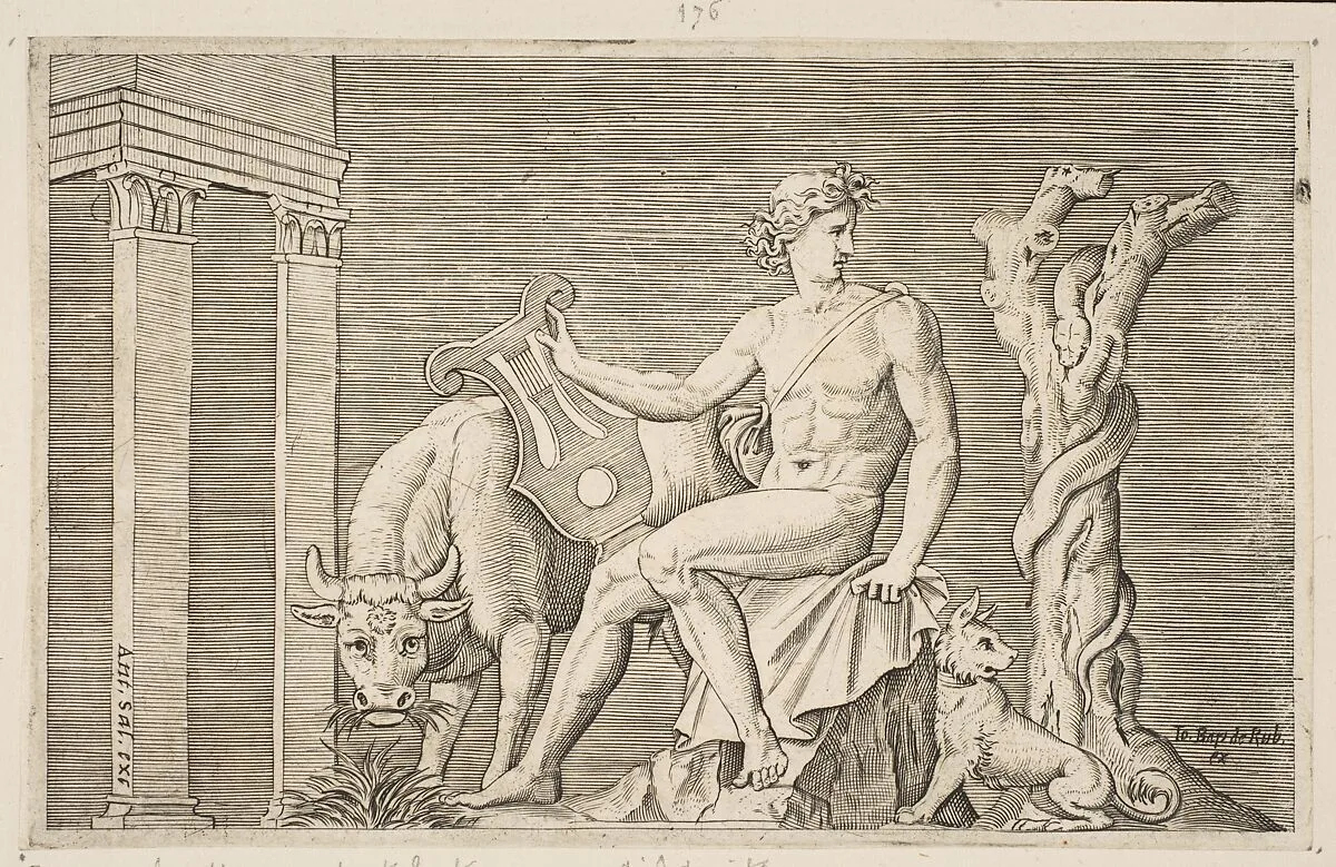 Apollo tending the flocks of Admetus, Apollo seated holding a lyre and flanked by a cow and a dog, a serpent winding around a dead tree at right — Giovanni Giacomo De Rossi|Marco Dente|Antonio Salamanca