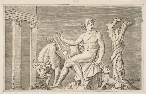 Apollo tending the flocks of Admetus, Apollo seated holding a lyre and flanked by a cow and a dog, a serpent winding around a dead tree at right
