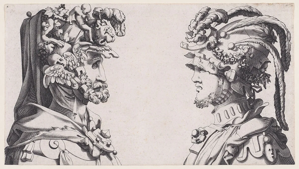 Fantastical Masked Masculine Heads — René Boyvin|Rosso Fiorentino