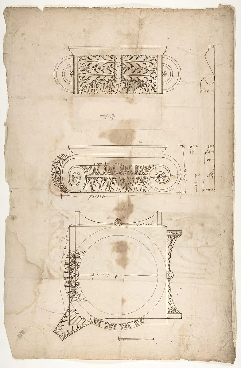 Temple of Portonus, capital, elevations and plan (recto) Unidentified, capital, elevation (verso) — Anonymous, French, 16th century