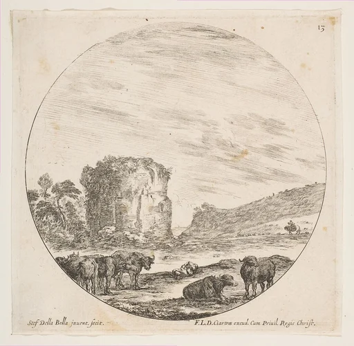 Ruins of a temple in a Roman landscape, plate 13 from "Roman landscapes and ruins" (Paysages et ruines de Rome)