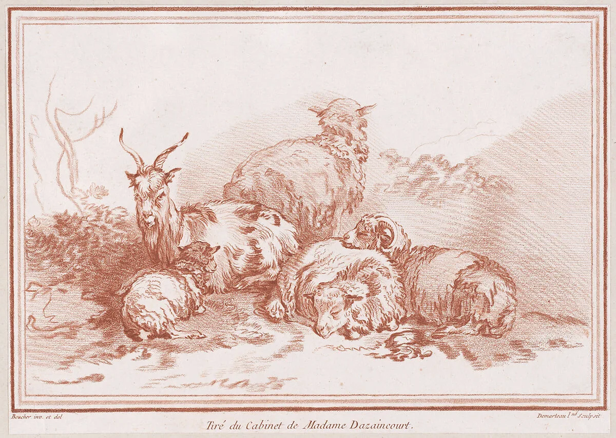 Une chèvre et quatre moutons — François Boucher|Gilles Demarteau