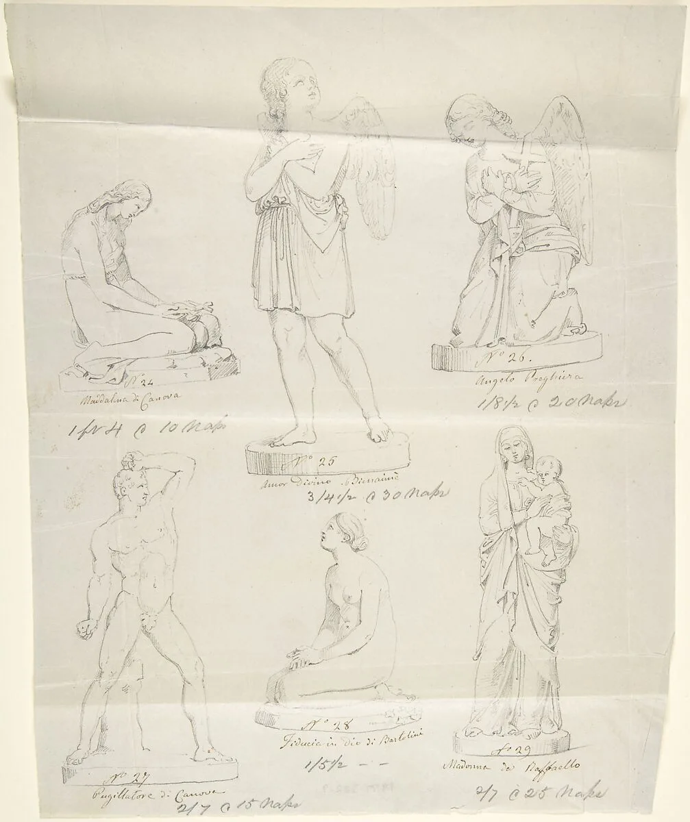 Sketches of Six Statues: Magdalen by Canova, Divine Love by Bienaimé, Praying Angel, Boxer by Canova, Trust in God by Bartolini, and Madonna by Raphael — John Gibson|Raphael (Raffaello Sanzio or Santi)|Antonio Canova|Lorenzo Bartolini|Luigi Bienaimé
