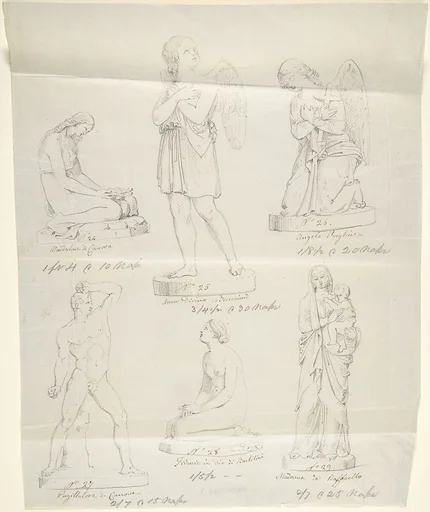 Sketches of Six Statues: Magdalen by Canova, Divine Love by Bienaimé, Praying Angel, Boxer by Canova, Trust in God by Bartolini, and Madonna by Raphael