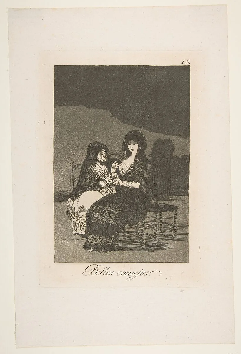 Plate 15 from 'Los Caprichos': A pretty piece of advice (Bellos consejos) — Goya (Francisco de Goya y Lucientes)