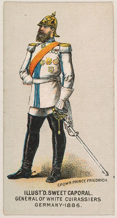 General, White Cuirassiers, Germany, 1886, from the Military Series (N224) issued by Kinney Tobacco Company to promote Sweet Caporal Cigarettes — Kinney Brothers Tobacco Company