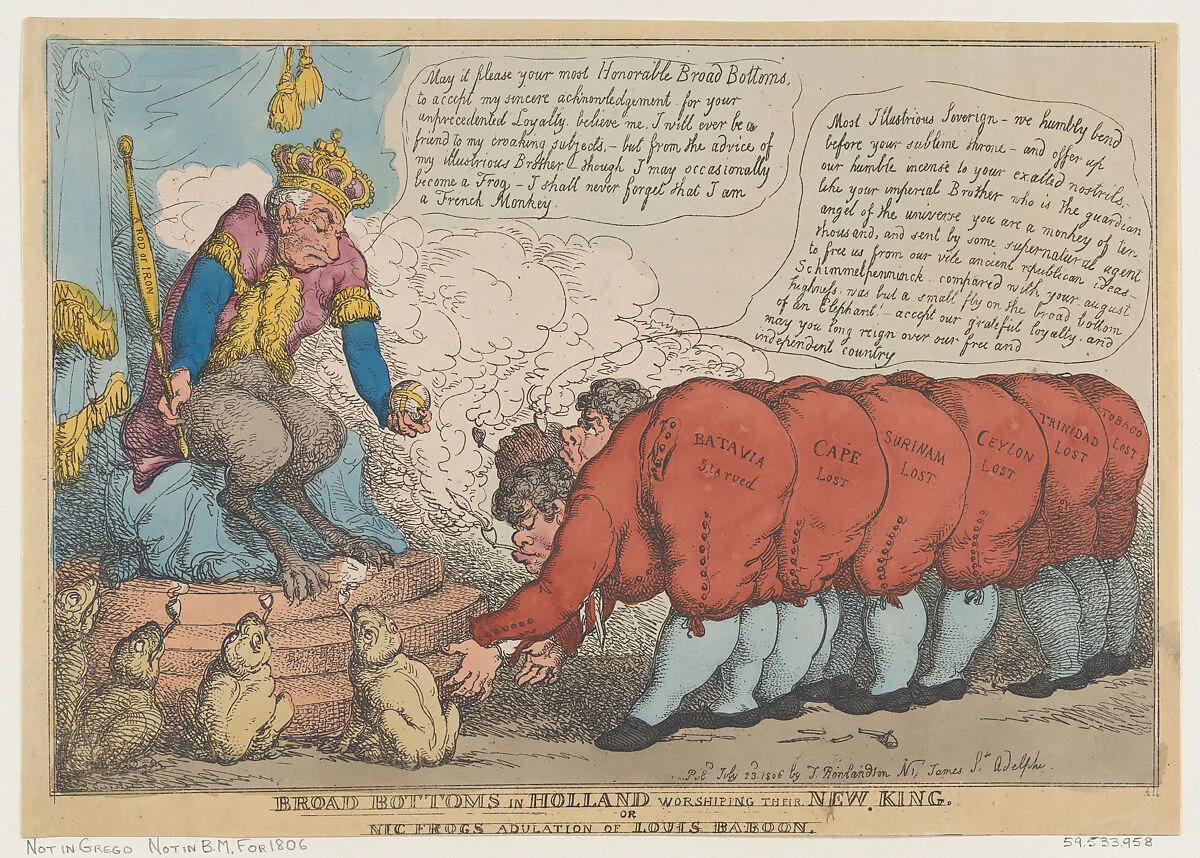 Broad Bottoms in Holland Worshiping Their New King — Thomas Rowlandson|Rudolph Ackermann, London