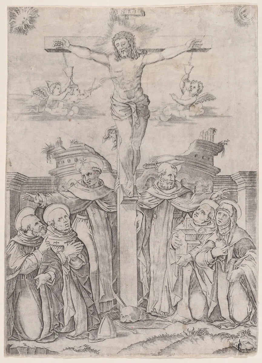 Saint Dominic and the Holy Saints of His Order with the Crucifix — Agostino Veneziano (Agostino dei Musi)