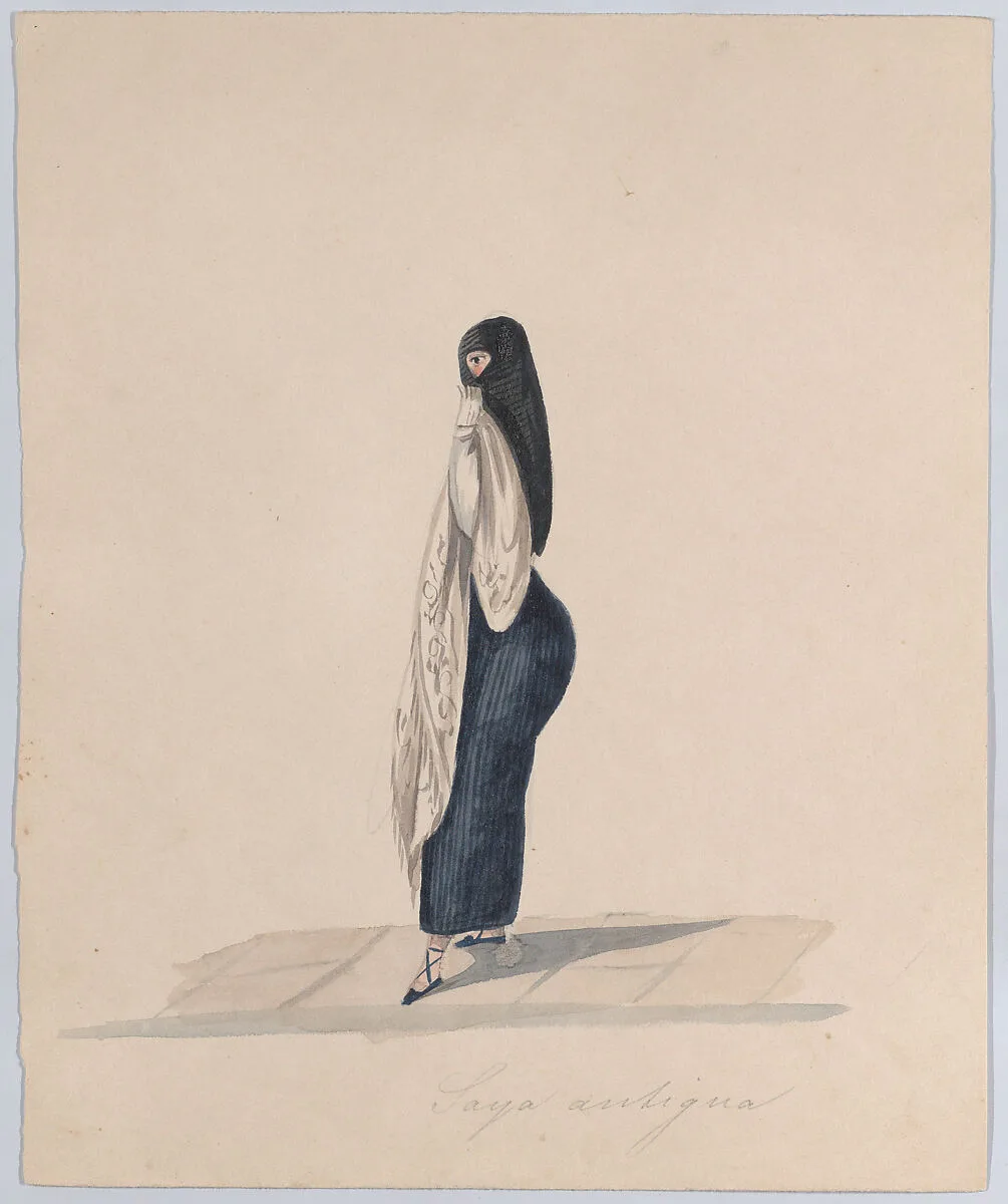 A woman wearing the saya standing in profile, from a group of drawings depicting Peruvian dress — Francisco (Pancho) Fierro