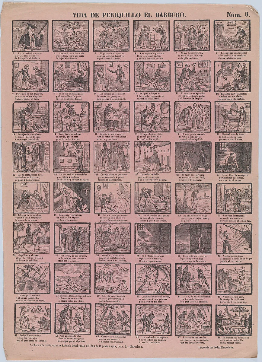 Broadside with 48 scenes from the life of Periquillo the Barber — Antonio Bosch|Pedro Corominas