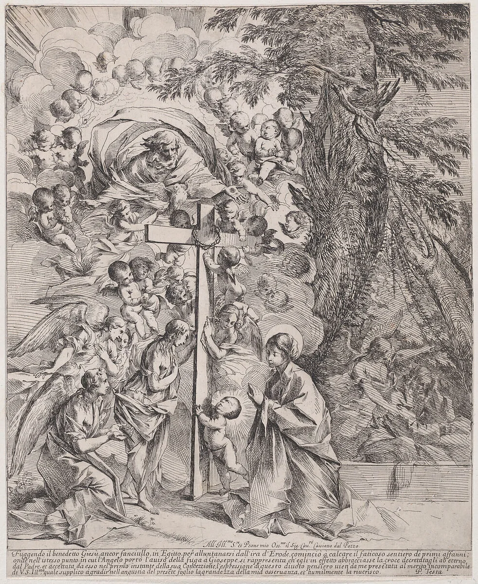The dream of St Joseph, who is sleeping at the right, the Virgin and Child by a cross surrounded by angels and many putti and with God the Father above — Pietro Testa|Giovanni Giacomo De Rossi