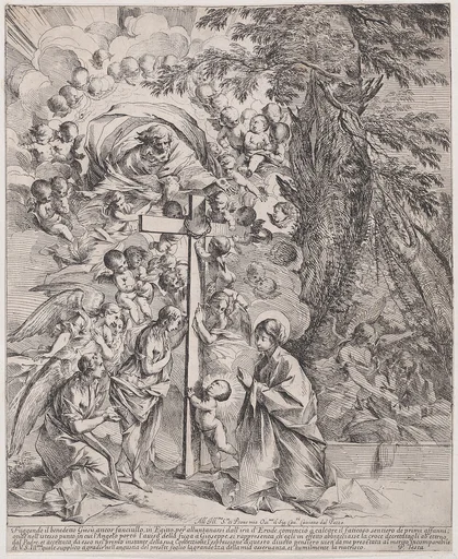 The dream of St Joseph, who is sleeping at the right, the Virgin and Child by a cross surrounded by angels and many putti and with God the Father above