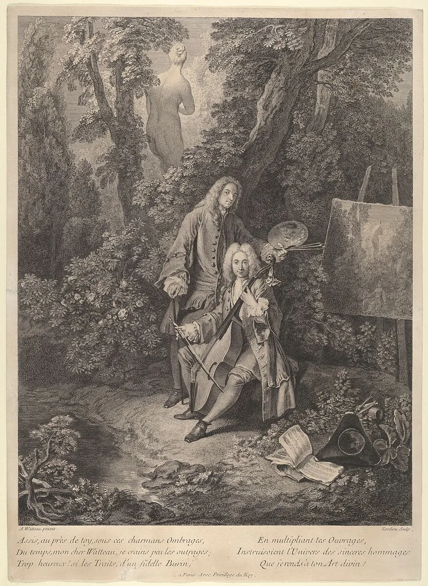 Portrait of Julienne and Watteau in Garden Playing Violincello — Nicolas Henry Tardieu|Antoine Watteau