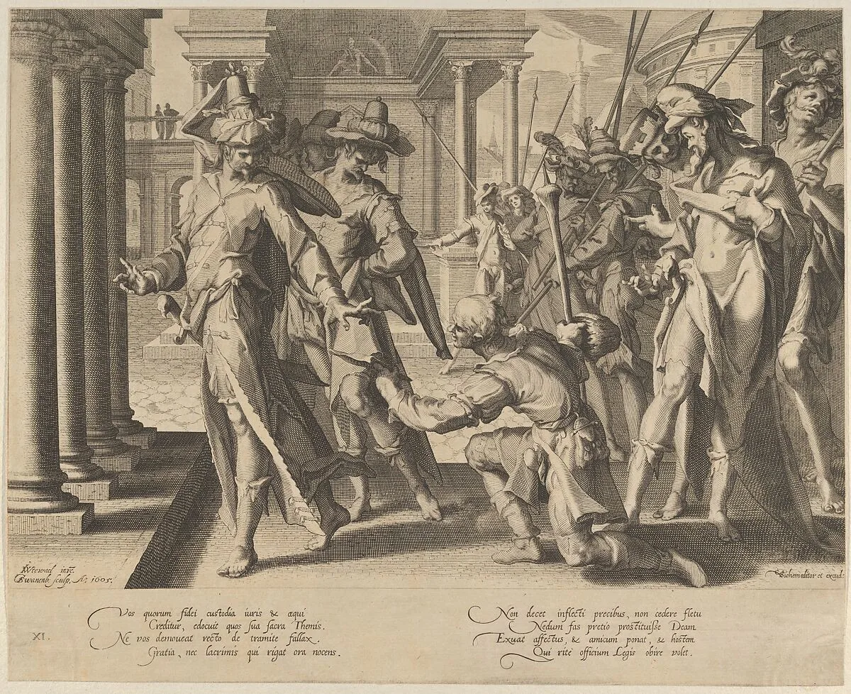 Allegory of Justice depicting a street scene with a shepherd giving a sheet of paper to a judge at left, who rejects it, from Thronus Justitiae, tredecim pulcherrimus tabulis..., plate 11 — Joachim Wtewael|Willem van Swanenburg|Christoffel van Sichem I