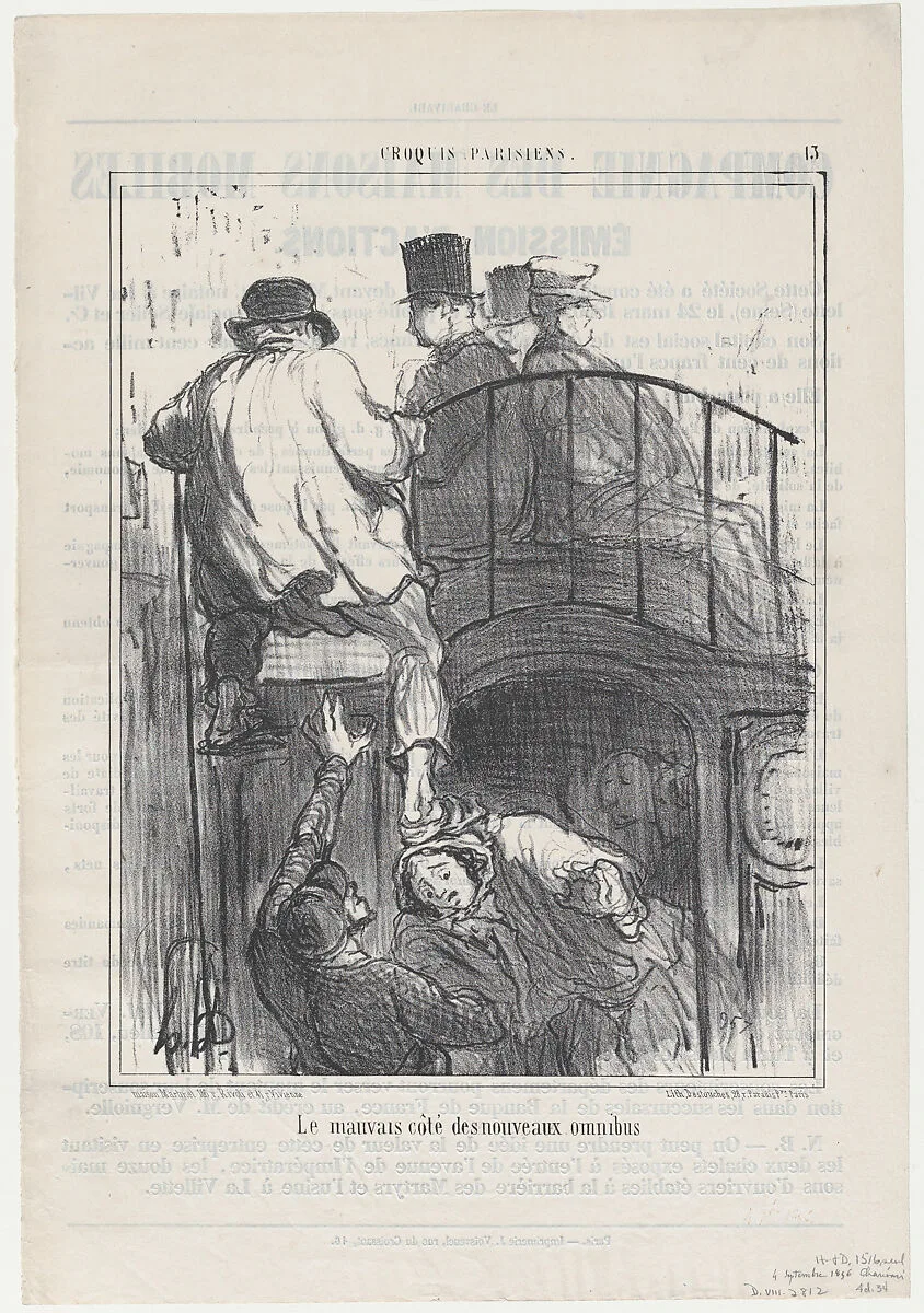 Le mauvais côté des nouveaux omnibus, from Croquis Parisiens, published in Le Charivari, September 4, 1856 — Aaron Martinet|Honoré Daumier|Destouches