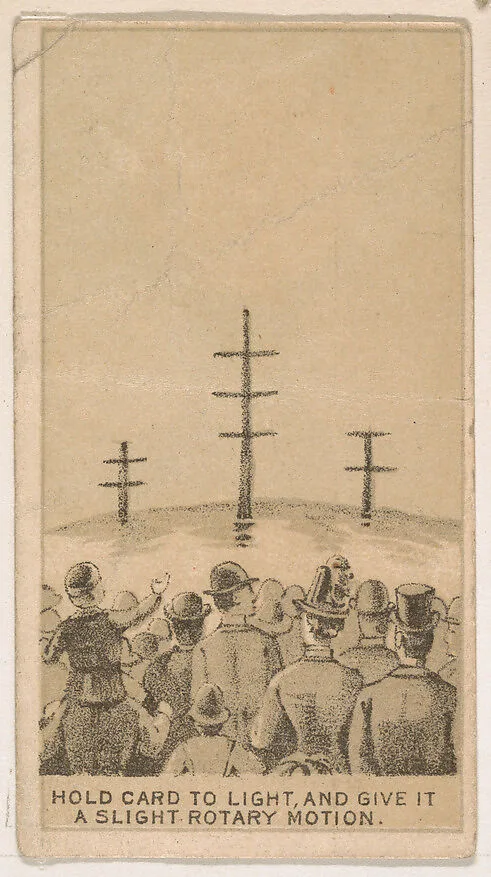 A crowd of men staring at power lines, from the Magic Changing Cards series (N223) issued by Kinney Tobacco Company — Kinney Brothers Tobacco Company