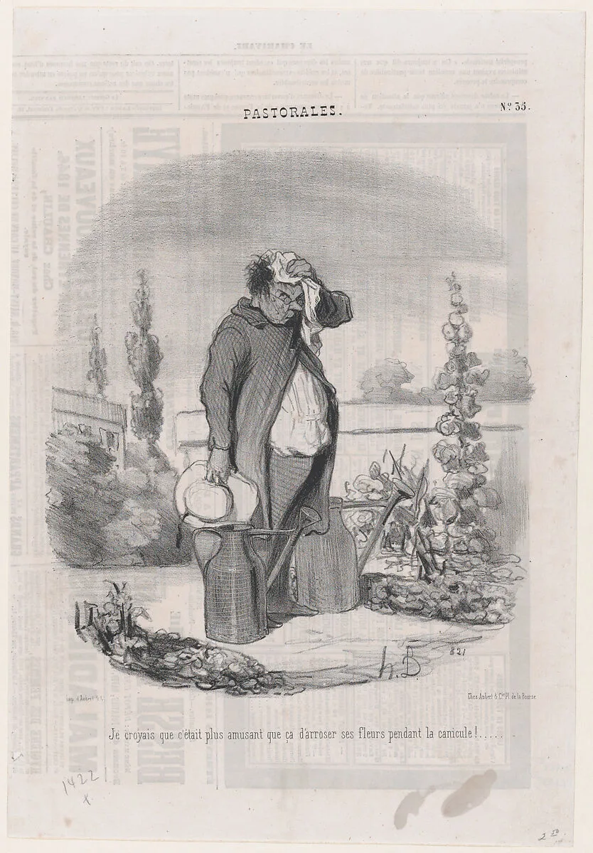 I thought it would be more fun than this to water flowers during a heatwave!, from Romance of Country Life, published in Le Charivari — Honoré Daumier|Aubert et Cie|Aubert et Cie
