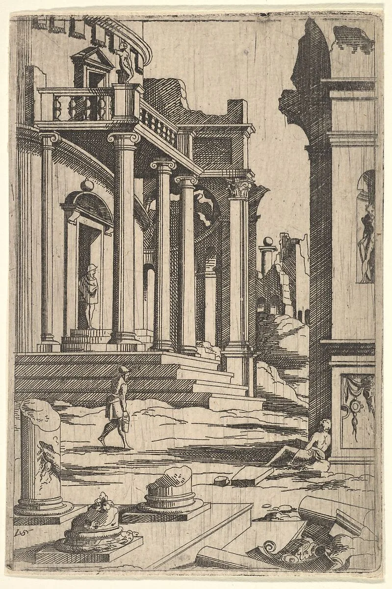 Classizing Landscape with Three Figures, from a series of architectural ruins with figures, in reverse after prints by Jacques Androuet Ducerceau after Léonard Thiry — Virgil Solis|Leonard Thiry|Jacques Androuet Du Cerceau