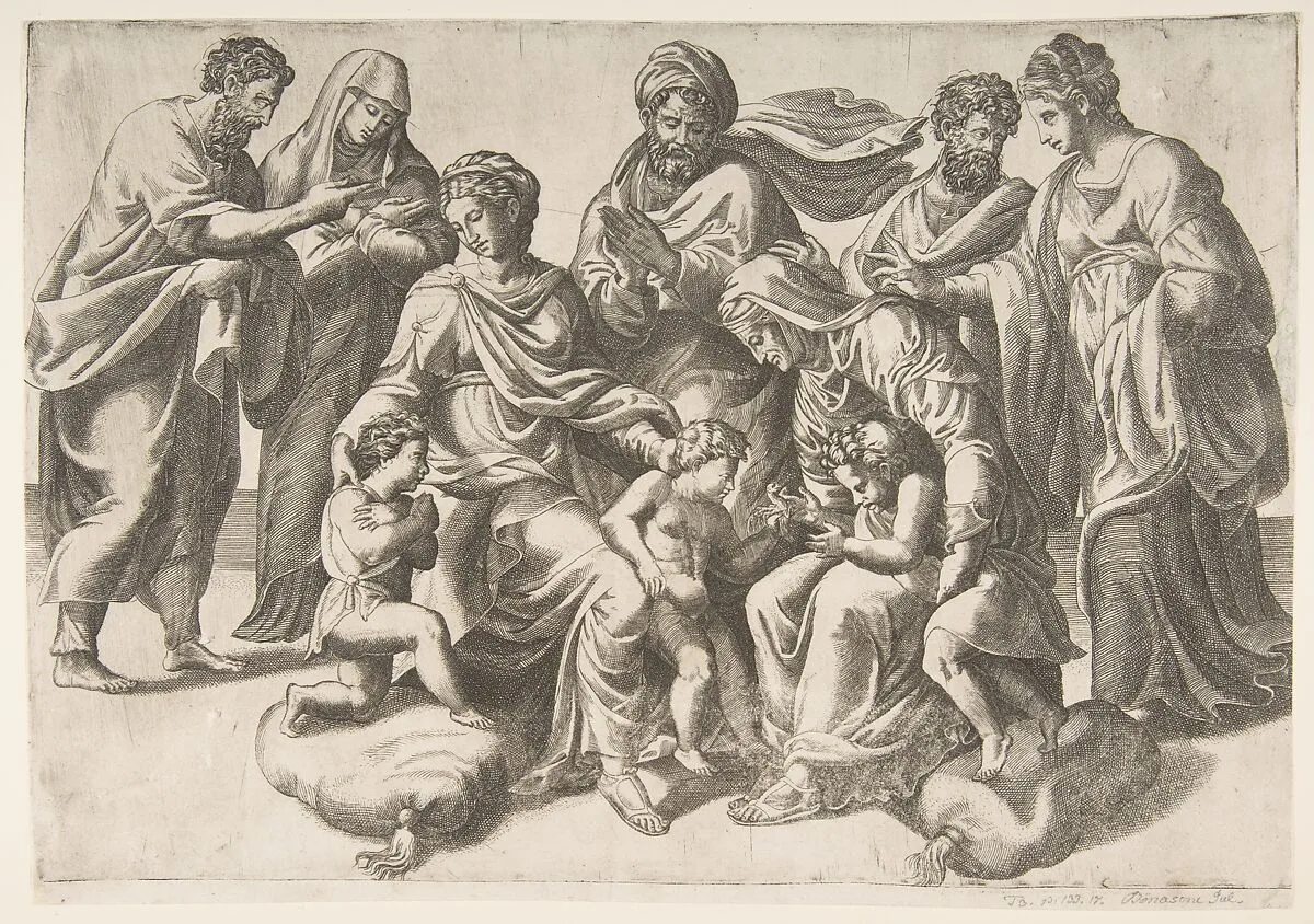 The Holy Kinship, in thecentre the Christ Child takes a bird given to him by the infant John the Baptist — Giulio Bonasone|Giulio Romano