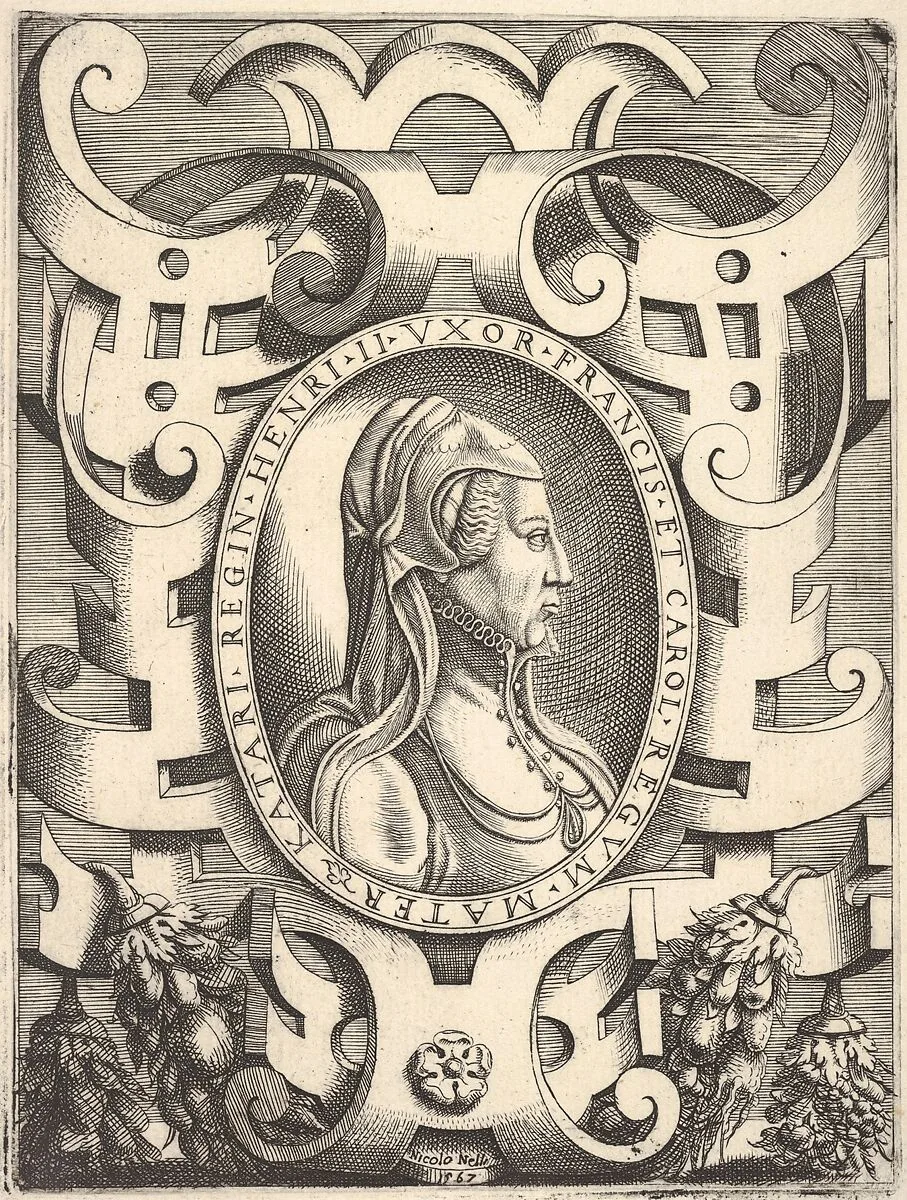Bust profile portrait of Catherine de' Medici in an ornamented frame,from 'Portraits of some princes and illustrious people' ('Ritratti di alcuni prencipi, et huomini illustri'; also titled 'Imagines quorundam principum et illustrium virorum'), published by Bolognino Zaltieri in Venice in 1568 — Nicolò Nelli