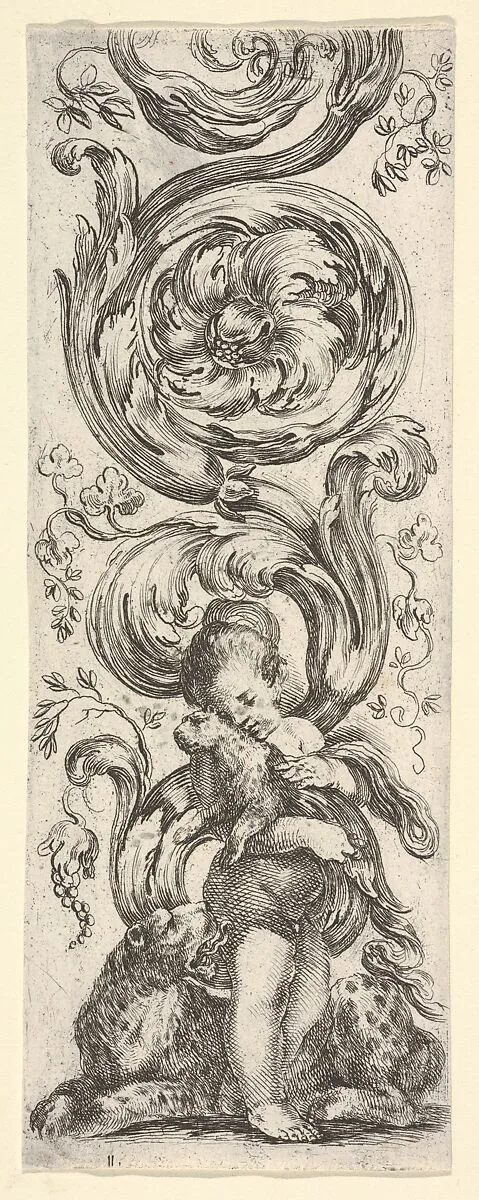 A young boy holding a young leopard in his arms, the mother leopard laying below, from 'Ornaments or Grotesques' (Ornamenti o Grottesche) — Stefano della Bella