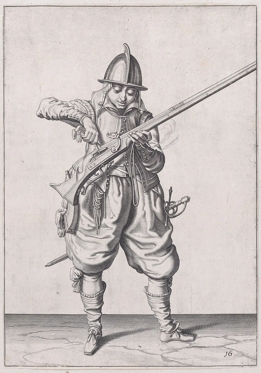 A soldier pouring powder into the pan, from the Marksmen series, plate 16, in Waffenhandlung von den Rören Musquetten undt Spiessen / Wapenhandelinghe van Roers Musquetten ende Spiessen (The Exercise of Arms) — Jacques de Gheyn II|Jacques de Gheyn II|Robert Willemsz de Baudous