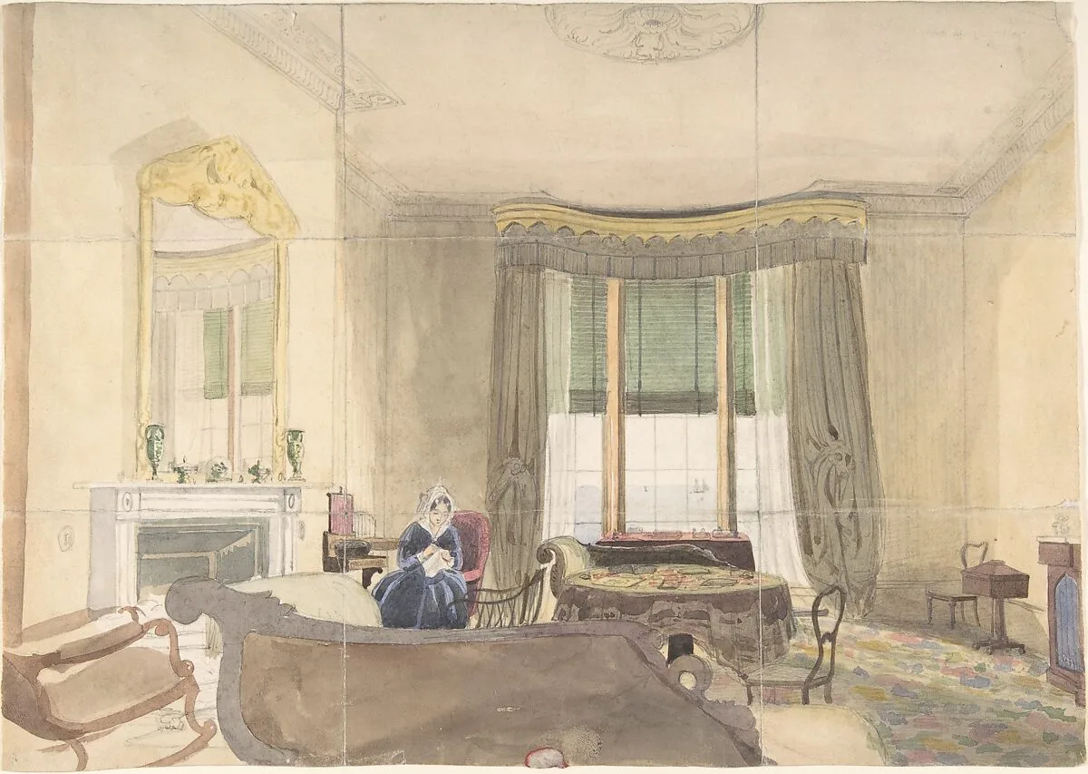 Drawing Room with Seated Woman — Anonymous, British, 19th century