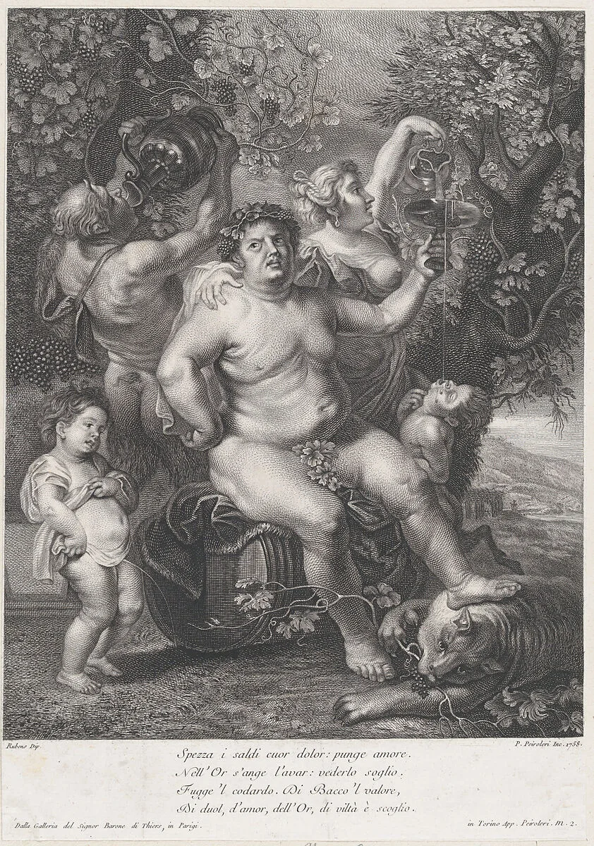 Bacchus seated on a barrel in front of grapevines, with bacchantes, satyrs, and children surrounding him — Peter Paul Rubens|Pietro Peiroleri