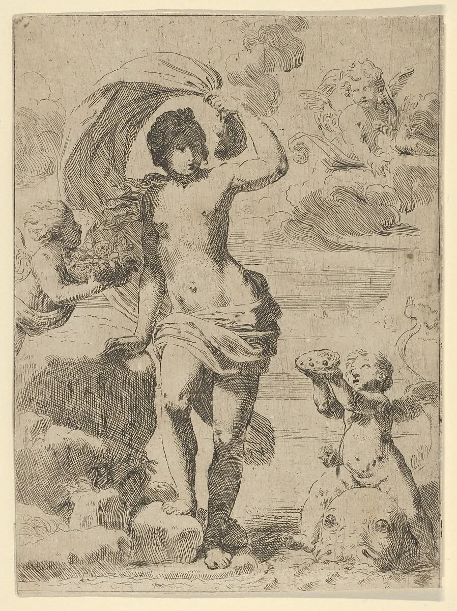 Venus stepping out of the sea, holding a billowing drapery in her left hand, Cupid at right offering pearls while riding a dolphin and a putto at left offering flowers, another in the clouds — Guido Reni|Anonymous