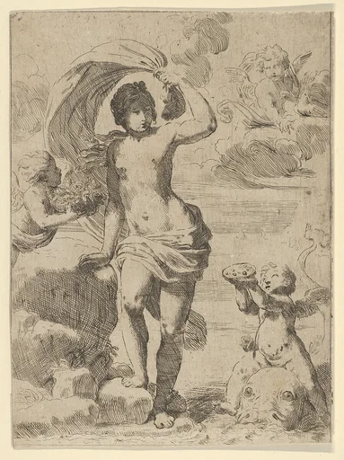 Venus stepping out of the sea, holding a billowing drapery in her left hand, Cupid at right offering pearls while riding a dolphin and a putto at left offering flowers, another in the clouds