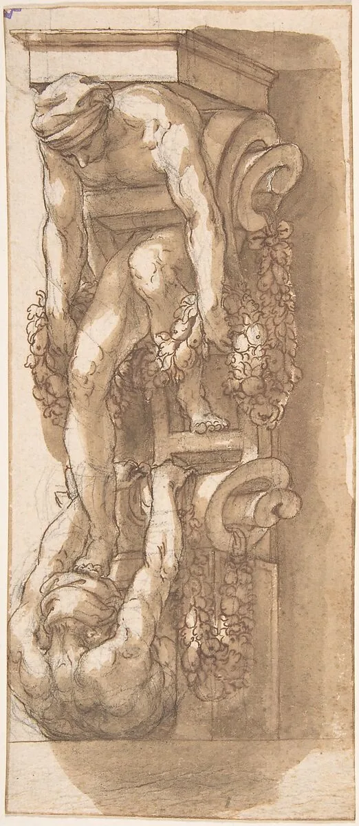 Design for a Bracket or Console with Two Figures caught in Strapwork — Anonymous, Italian, 17th century